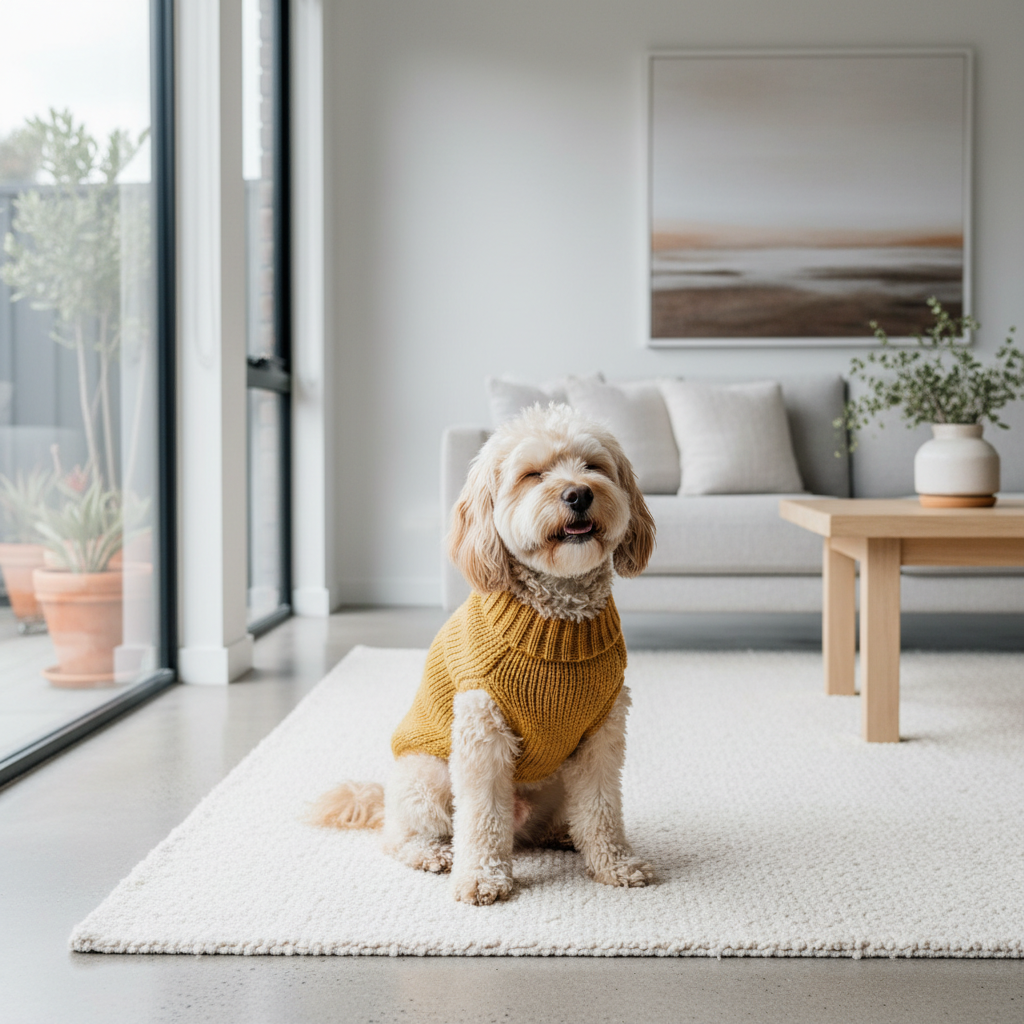Dog in cozy sweater at home