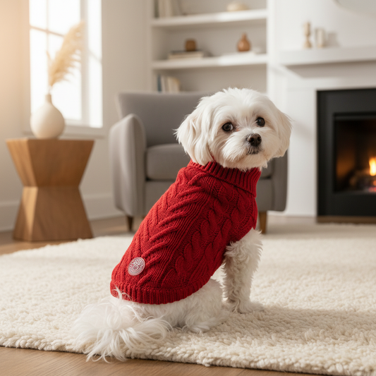 Dog in red sweater in premium home setting